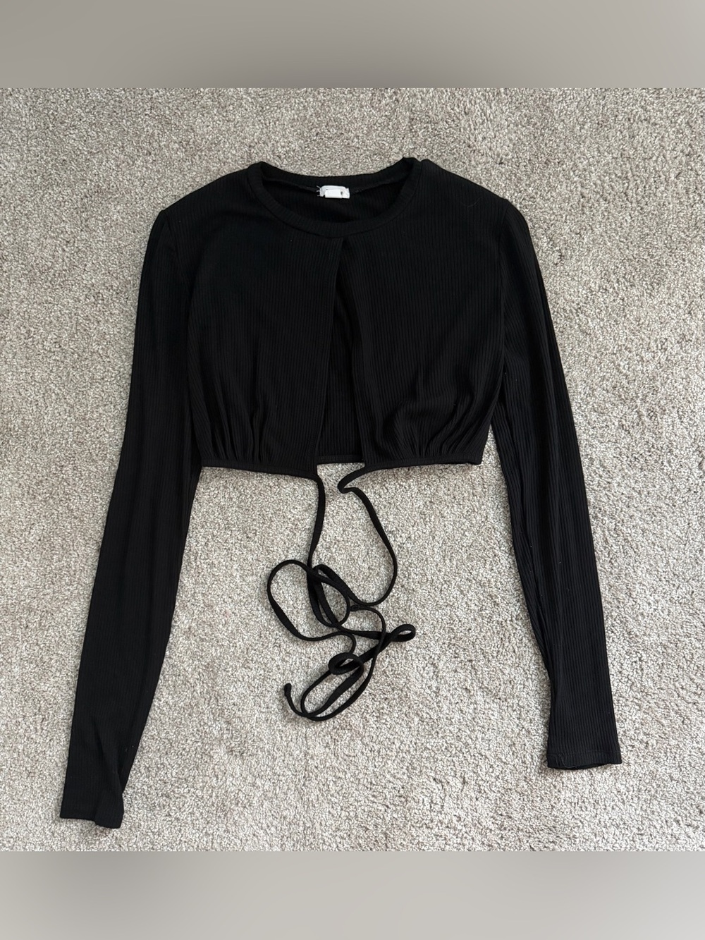 Garage Black Ribbed Long Sleeve Crop Top with Front Tie